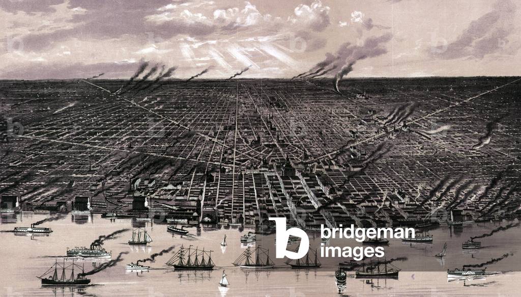 Detroit. Birds eye view--showing about three miles square--of the central portion of the city of Detroit, Michigan. Color lithograph, c. 1889