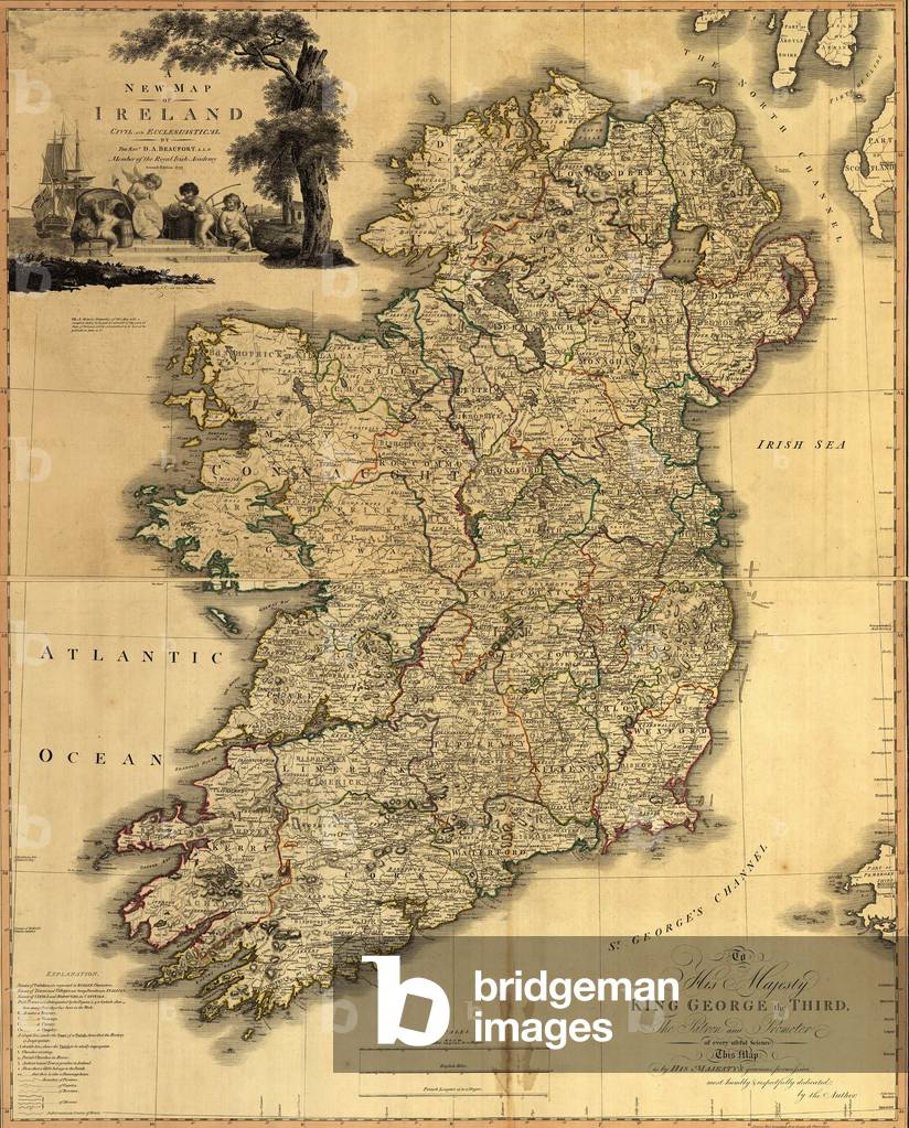 Map of Ireland from 18th century, showing counties, when all of Ireland was under British rule. 1797
