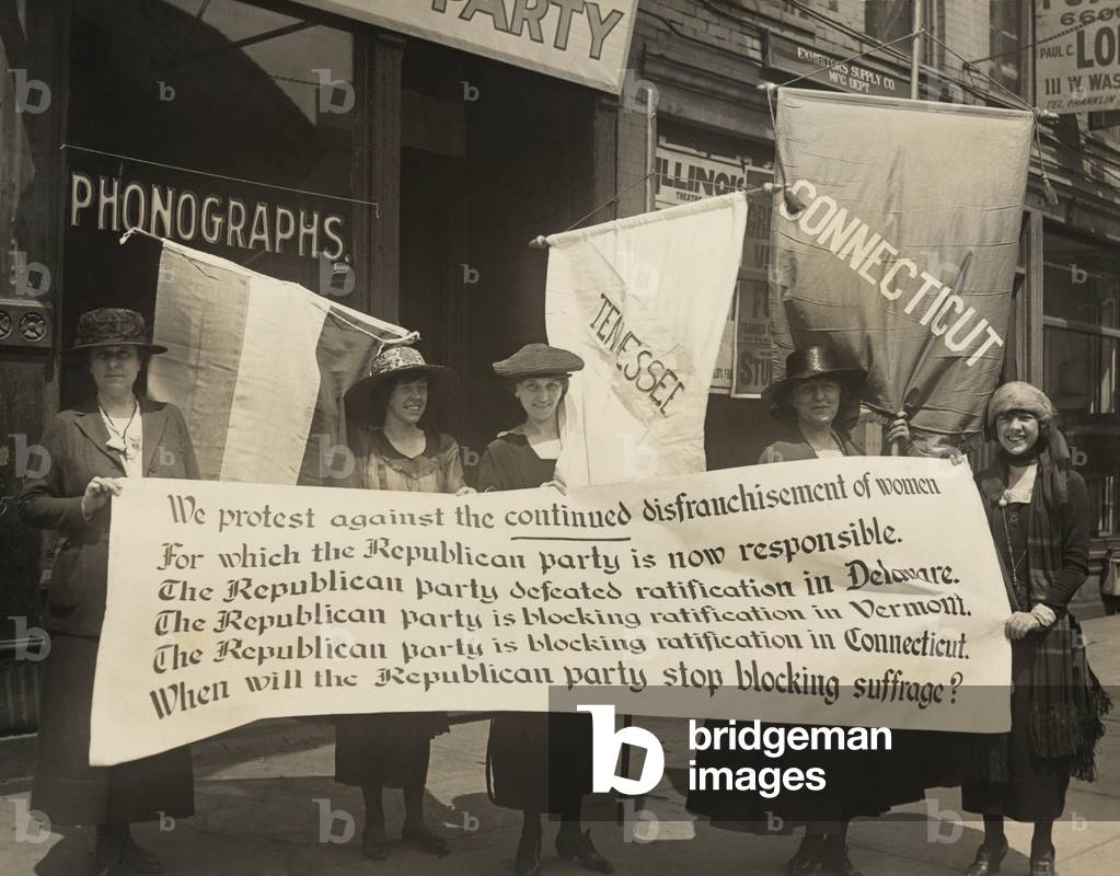 National Women's Party members picketing the Republican convention, Chicago, June 1920. Left to right are: Abby Scott Baker, Florence Taylor Marsh, Sue White, Elsie Hill, Betty Gram