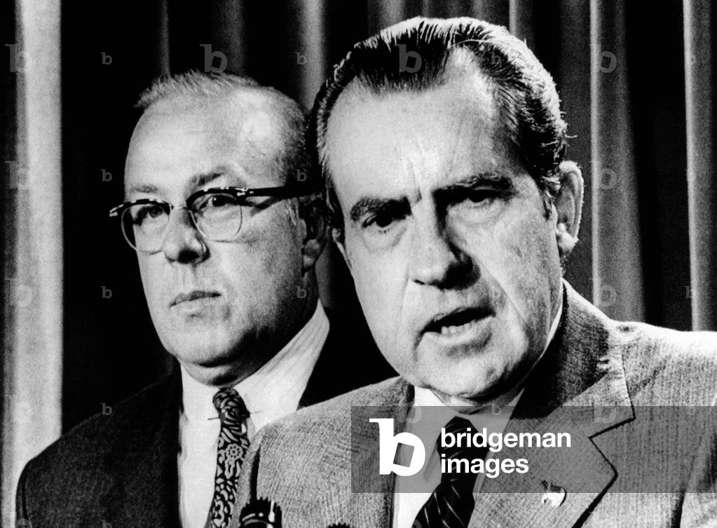 President Richard Nixon with George Shultz, director of the Office of Management and Budget. Nixon discussed organized labor's agreement to co-operate with his Phase II economic controls. Oct. 12, 1971