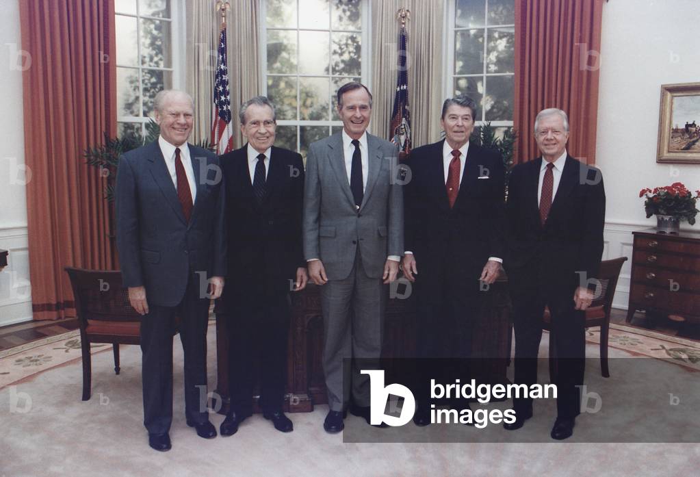 President George H.W. Bush with former presidents Gerald Ford, Richard Nixon, Ronald Reagan and Jimmy Carter in a replica of the Oval Office at the Ronald Reagan Presidential Library in Simi Valley, California. Nov. 4, 1991