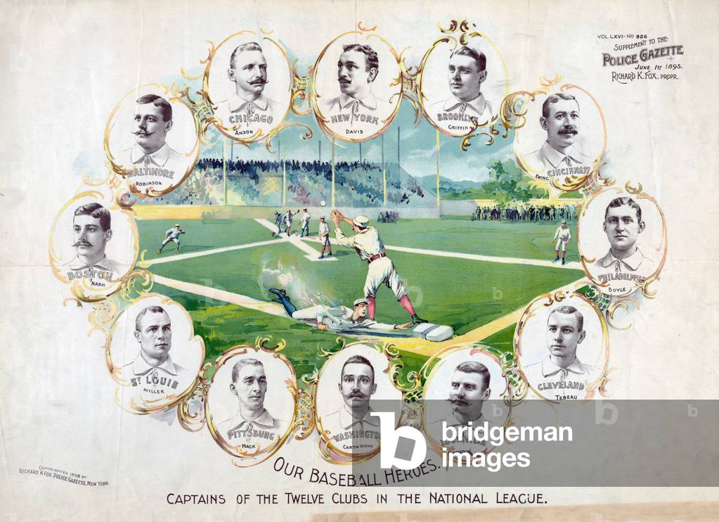 Baseball heroes. Bust portraits of the captains of the twelve baseball teams in the National League, arranged around a scene showing a base-runner attempting to steal second base during a baseball game. 1895