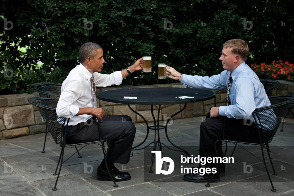 Barack Obama: President Barack Obama offers a toast to Dakota Meyer on the patio outside of the Oval Office, Sept. 14, 2011. The President presented Meyer with the Medal of Honor Sept. 15, 2011, during a ceremony at the White House.