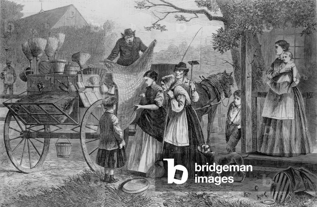 Rural women examining the wares offered by the peddler. Many Jewish immigrants started their retail careers as peddlers throughout rural Americ. c. 1860s