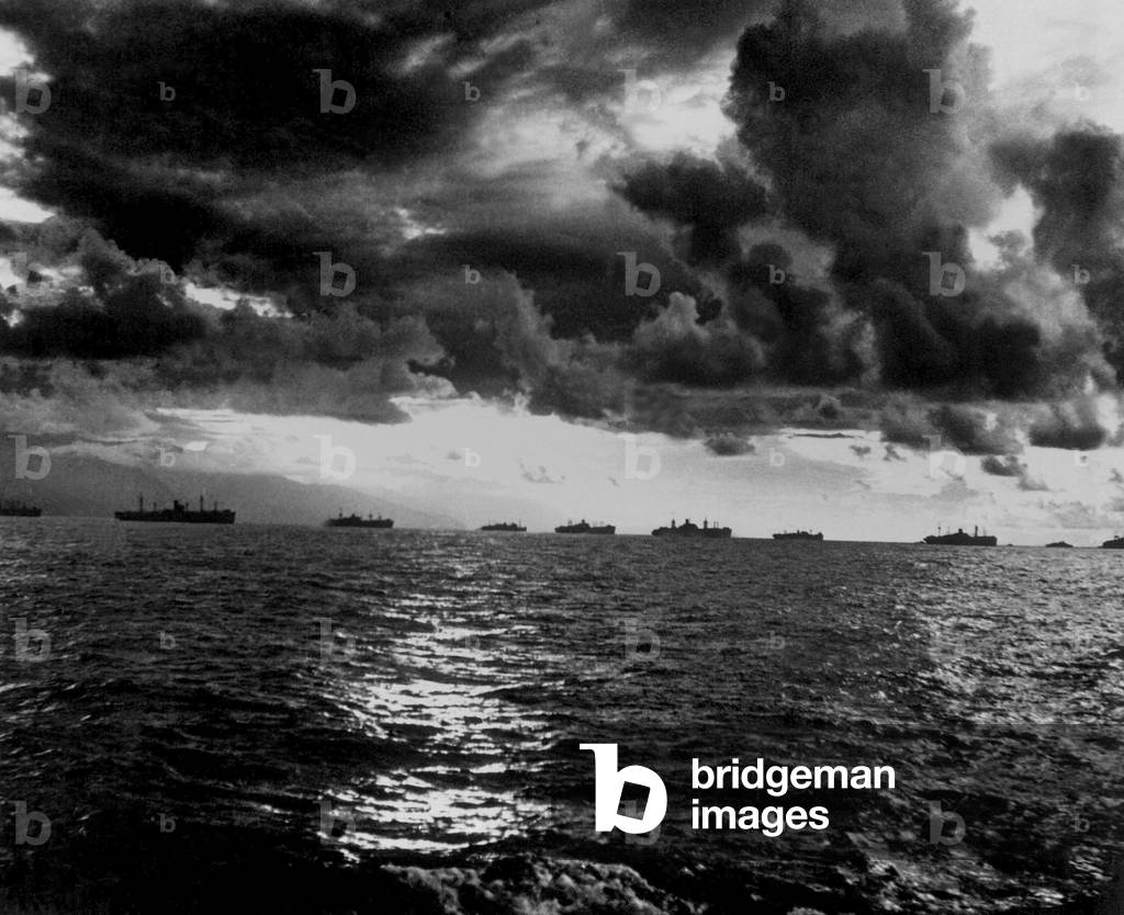 U.S. invasion Fleet along the coast of Leyte Island in the Philippines on D-Day, Oct. 20, 1944. World War 2, Pacific Ocean