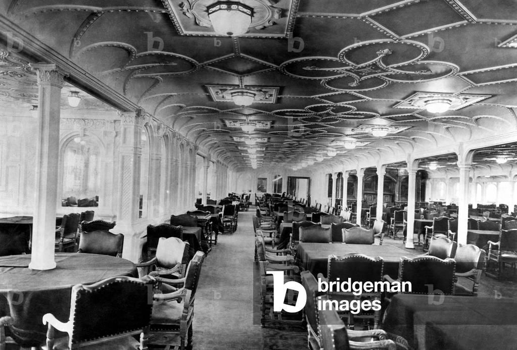 The dining room of the RMS Titanic, which sank after hitting an iceberg on its maiden voyage, 1912