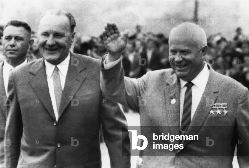 Soviet Premier Nikita Khrushchev with Hungarian Premier Janos Kadar, July 10, 1963. Kadar assumed power after the 1956 Hungarian Revolt under pressure from Soviet Union. He remained as head of state until 1988