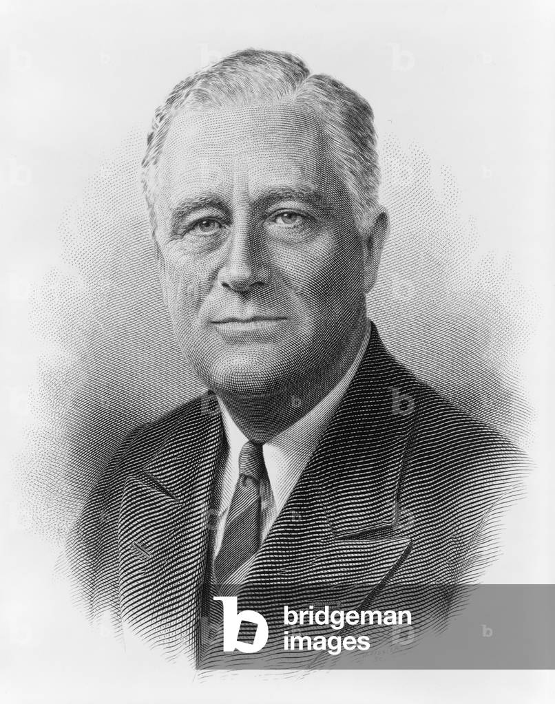 President Franklin Roosevelt in a engraved portrait by the Bureau of Printing and Engraving. c. 1932-1940