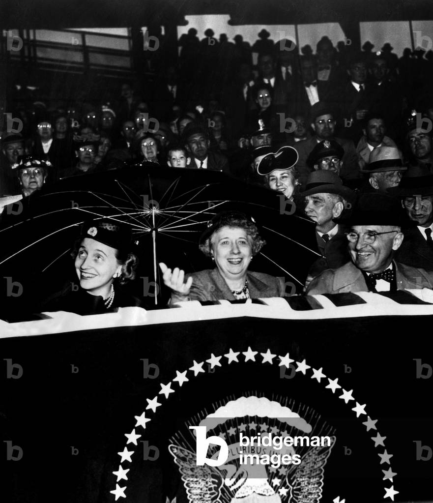 President Harry Truman (far right), with wife First Lady Bess Truman (center), and daughter Margaret Truman (far left), c 1950s.