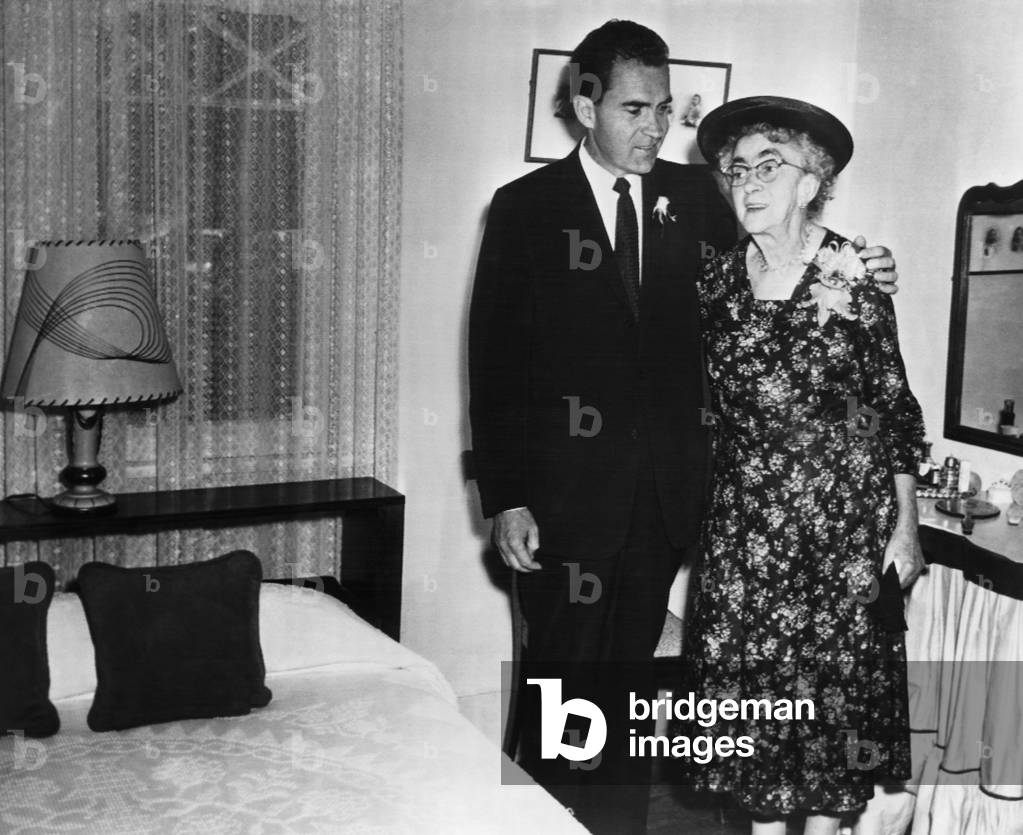 Nixon Family. Vice President (and future US President) Richard Nixon with his mother, Hannah Nixon, visiting the home where he was born, Yorba Linda, California, June, 1959