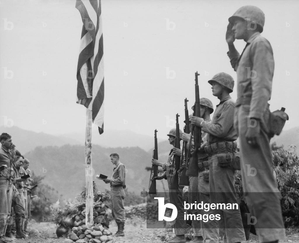 Fifth Marine Regiment, Memorial Services held in the field during the Korean War. June 21, 1951
