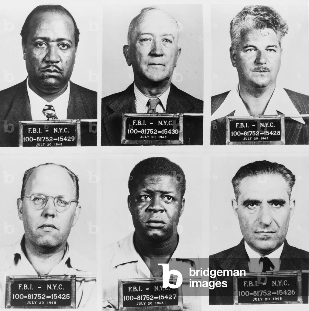FBI mug shots of six top-ranking members of the American Communist Party: Eugene Dennis, William Z. Foster, Benjamin Davis, John Williamson, Henry Winston, and Jacob Stachel. The communist party was virtually criminalized in the post-war era in the United States. 1948