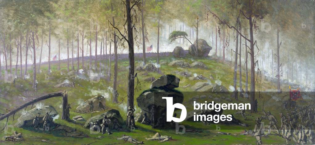 The Civil War. The Battle of Gettysburg. Attack of Johnston's Div., C.S.A. on the breastworks on Culps Hill, half past seven P.M., July 2nd 1863 oil on paper by Edwin Forbes