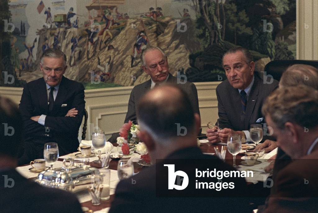 President Lyndon Johnson luncheon meeting with 'The Wise Men,' a group of senior politicians and military foreign policy advisors. Facing camera (L-R:) Henry Cabot Lodge, Dean Acheson, President Johnson. March 26, 1968