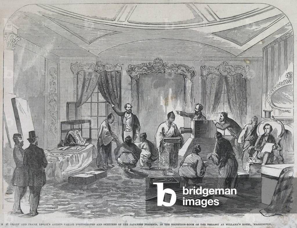 Early photojournalism in 1860. Mathew Brady (1823-1896) photographs, while artists sketch Japanese diplomats at Willard's Hotel, Washington, DC