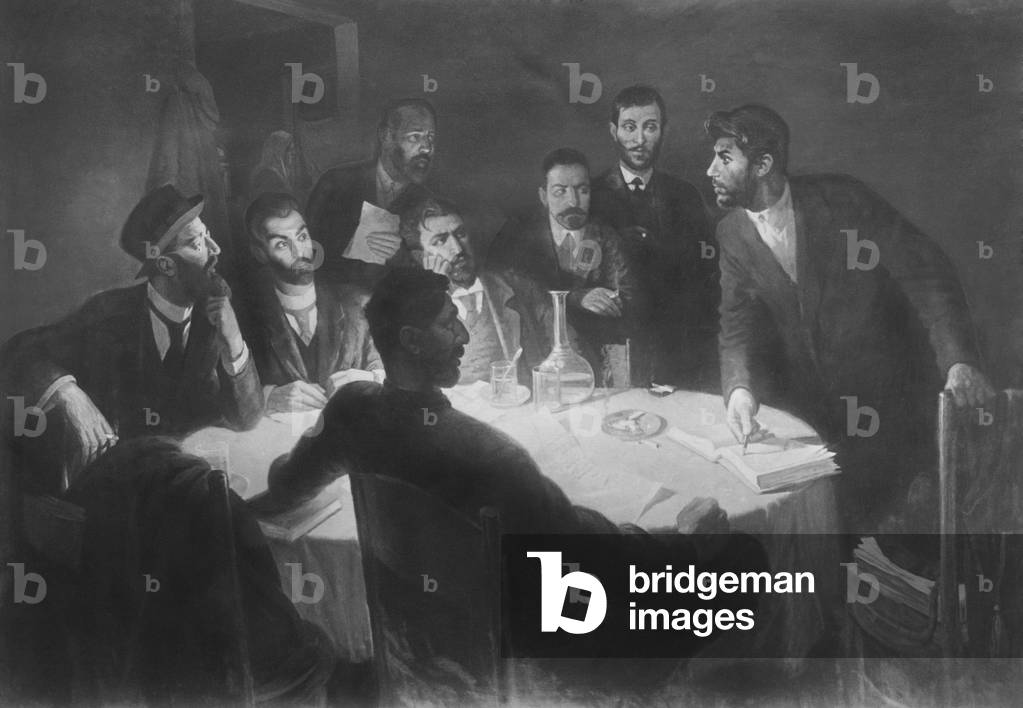 Josef Stalin leading a meeting with his comrades in the revolutionary movement. Reproduction of a painting by the artist I.Z. Vepkhvadze. c. 1900