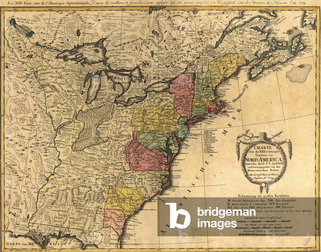 Map showing the newly independent United States in 1784 following the 1783 Treaty of Paris. US Territory extended to the Mississippi River, with New Orleans in French control and Florida in Spanish control