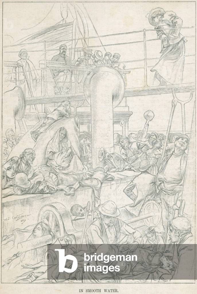 Steerage passengers relaxing on the open desk of an immigrant ship in smooth water