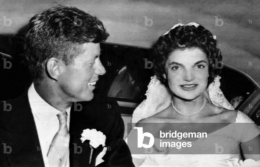 Senator John F. Kennedy, Jacqueline Kennedy, leave St. Mary's Church of Newport after their wedding, 1953 (photo)