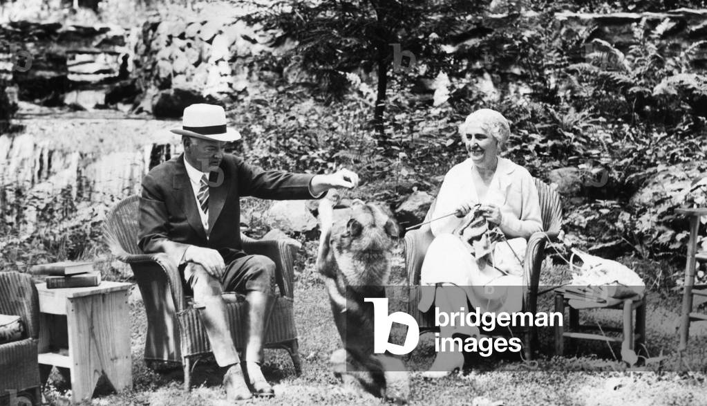 President Herbert Hoover, First lady Lou Henry Hoover, and their norwegian elkhound, August, 1932