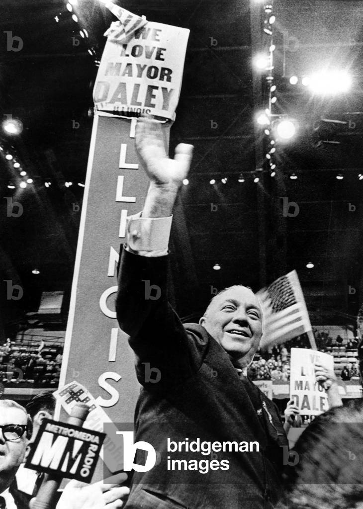 Richard J. Daley waves to supporters, National Democratic Convention, Chicago, IL, 08-29-1968.
