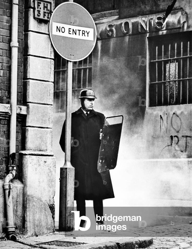 British soldier standing guard in Londonderry, Northern Ireland, 1969