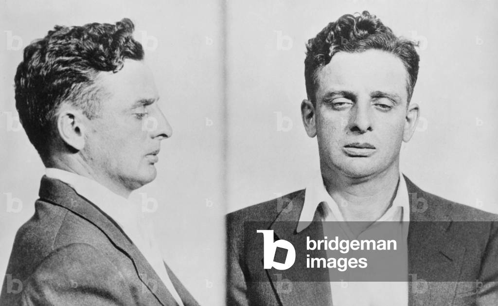Roger Touhy (1898-1959), in 1933 police mugshots. The Capone gang framed Touhy to take over his northwest Chicago gambling operations, by faking the kidnapping of mobster John Factor. Touhy was convicted and imprisoned until 1959