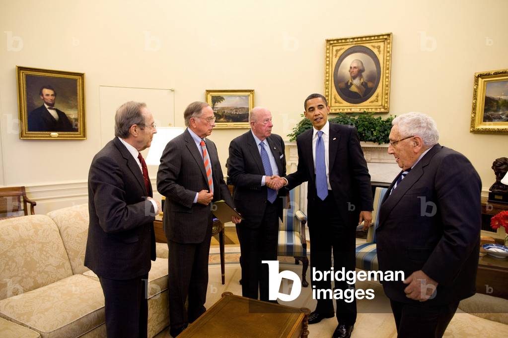 President Obama meets with former Secretaries of State and Defense to discuss the U.S. non-proliferation policy May 19 2009. L to R William Perry Sen. Sam Nunn George P. Shultz and Henry Kissinger. (BSWH_2011_8_121)