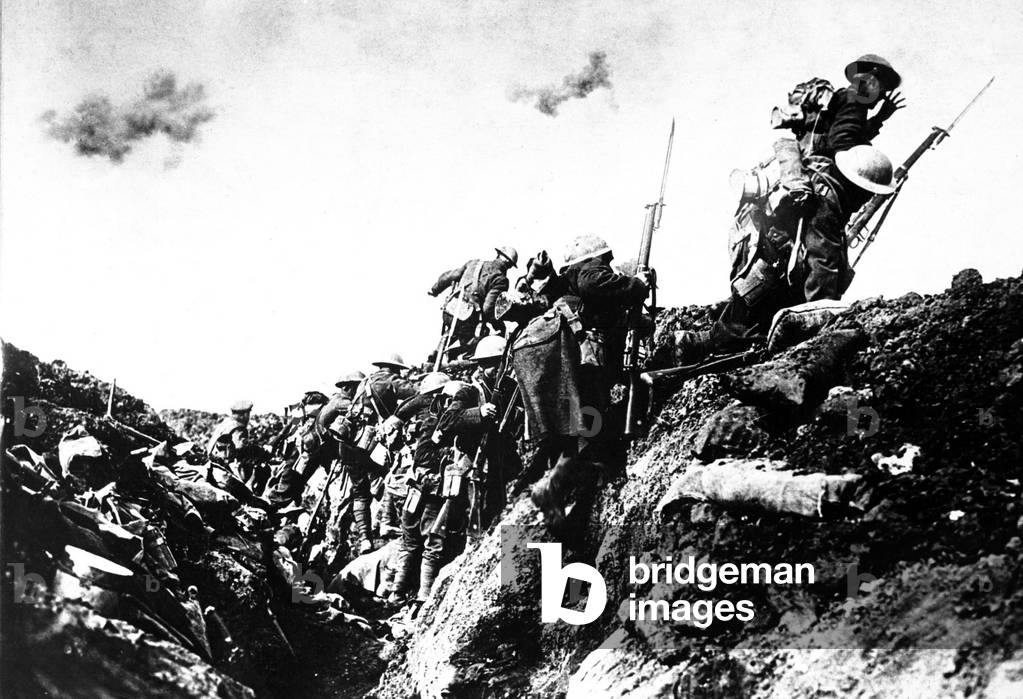 Canadian troops going, over the top, during training near St. Pol, France. World War I. October 1916