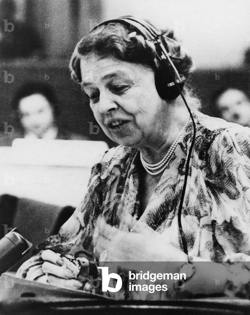 Eleanor Roosevelt attending a United Nations session in 1946. She was unanimously elected chair of UN Committee on Human, Social and Cultural Concerns