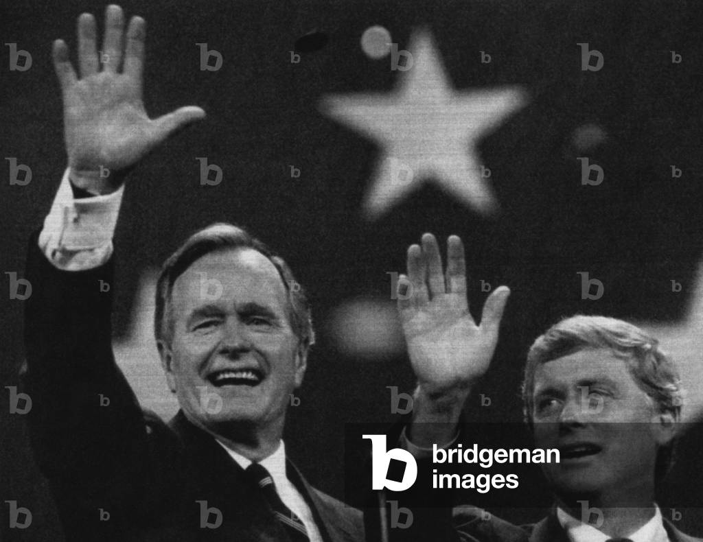 Bush Sr. Presidency. Vice President and Republican Party nominee (and future US President) George Bush and Senator and Vice Presidential nominee (and future Vice President) Dan Quayle, at the Republican National Convention, New Orleans, Louisiana, August, 1988
