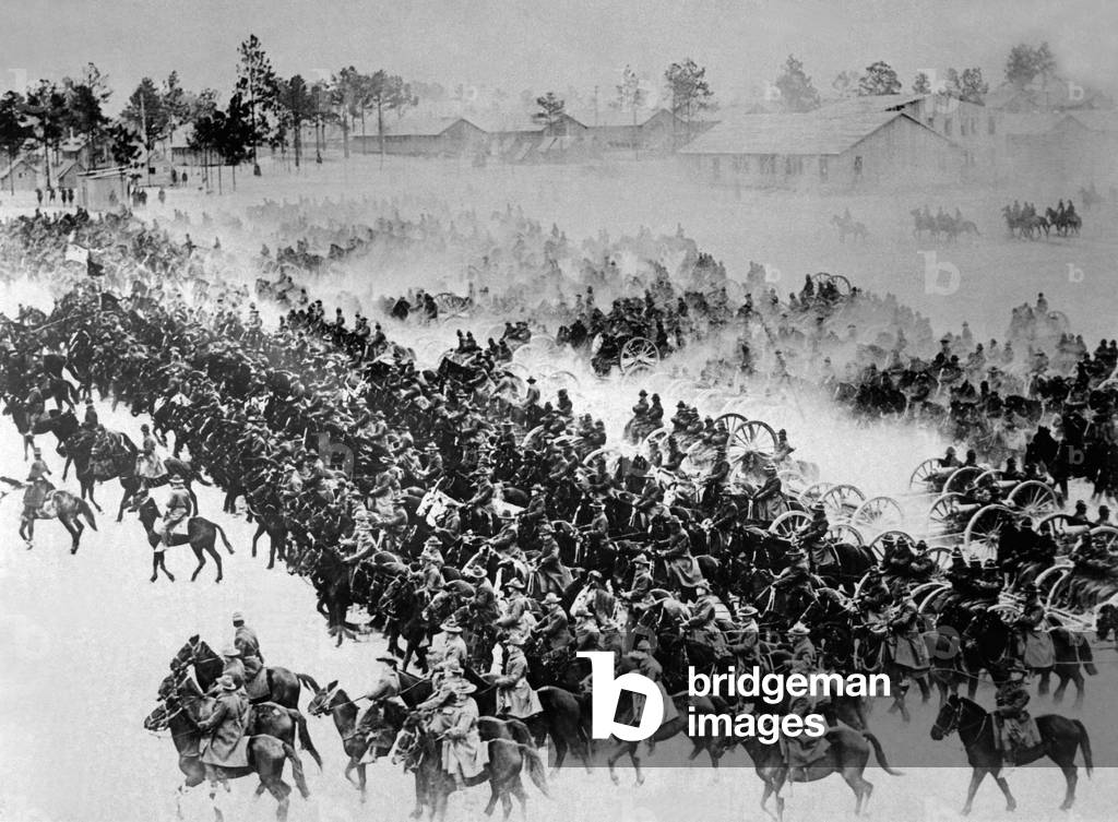 Guns being placed into position for review at Camp Hancock, Georgia. World War I made significant use of horses for transport and hauling, but the cavalry did not play a major role on the battle field. World War I. 1918