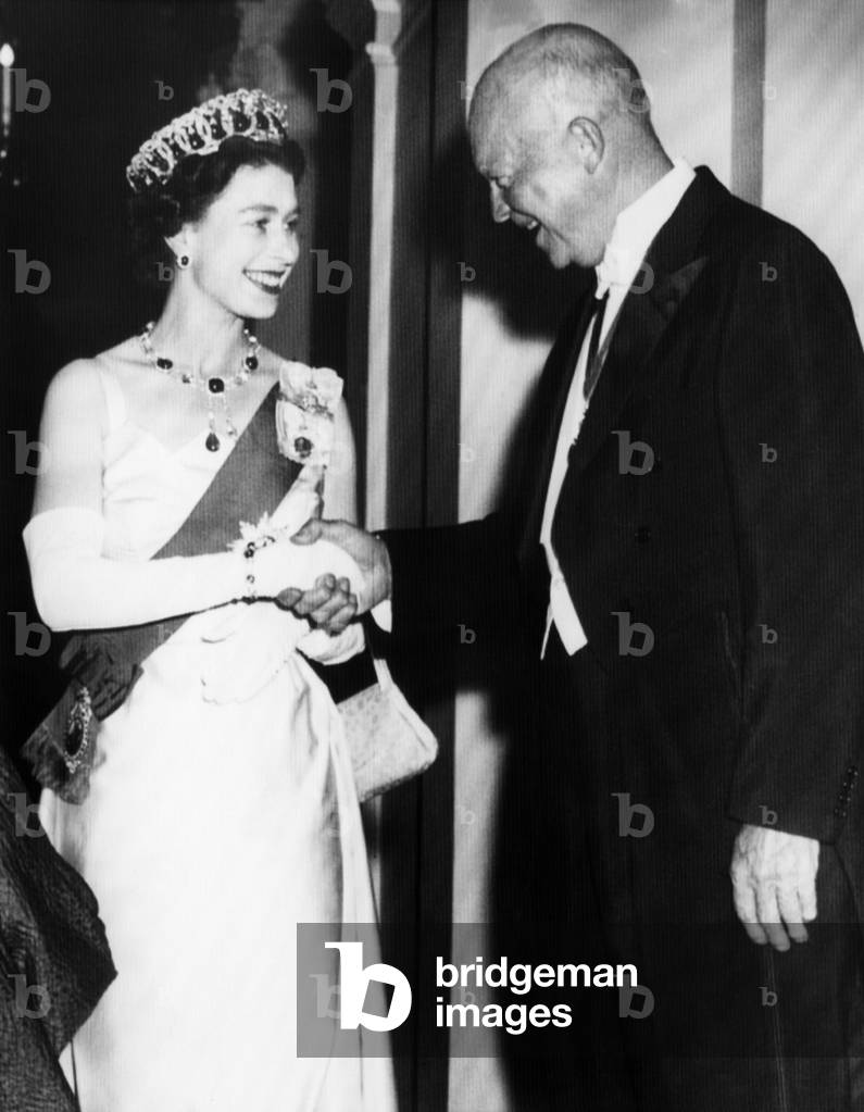 British Royalty. Queen Elizabeth II of England greeting US President Dwight Eisenhower to the British Embassy, Washington, D.C., 1957