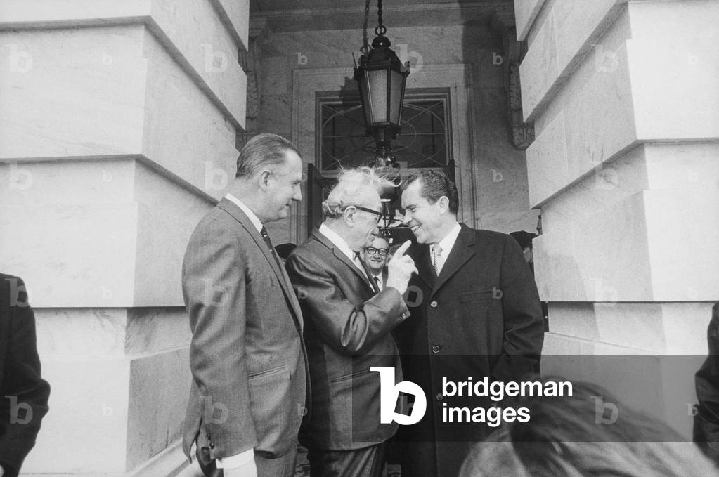 President Nixon conversing with Republican minority leader Senator Dirksen center and Vice President Agnew at the Capitol. Jan. 1969