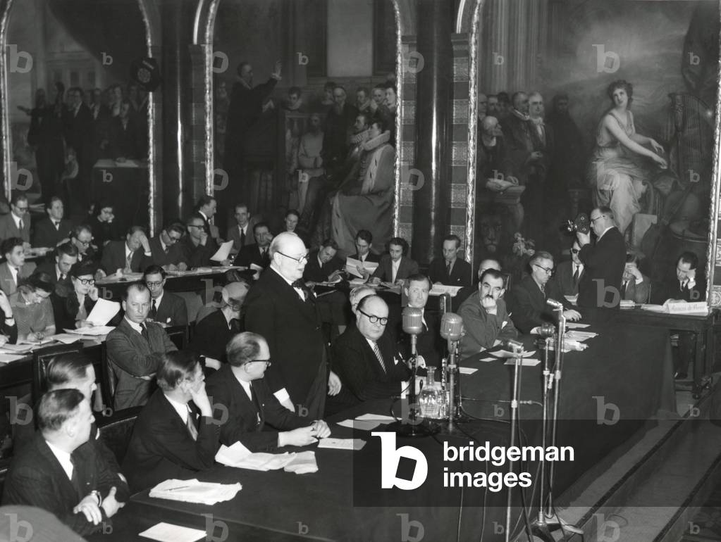 Former Premier Winston Churchill speaking at the opening of the European International Congress. Feb. 26, 1949. At the Bourse (Stock Exchange) of Brussels, Belgium.