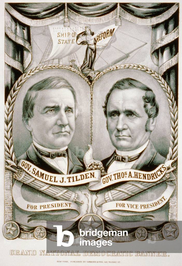 1876 Grand National Democratic banner with candidates Samuel J. Tilden and Thomas A. Hendricks. The Tilden-Hendricks banner, states their campaign theme of federal reform
