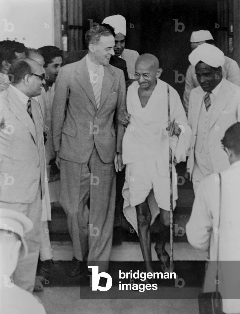 Cripps Mission fails, April 1941. Mahatma Gandhi with Sir Stafford Cripps, in New Delhi, India. Gandhi's Congress Party demanded immediate self-government in return for support of British in World War 2. Cripps offered less and within a few months, Gandhi and the Congress Party leadership were jailed
