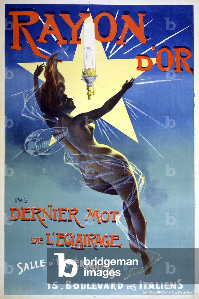 Rayon d''or: French poster showing a nude woman with gossamer wings reaching toward the light of a star and a Rayon d'Or light fixture, original title: 'Rayon d'or, dernier mot de l'eclairage', painting by Jean de Paleologue, 1895.