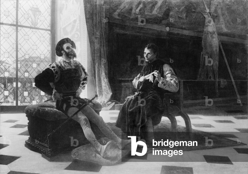 Niccoló Machiavelli (1469-1527) in an imagined scene with Borgia, Cesare. Machiavelli held Borgia as an example of the new leader in this classic pragmatic political treatise, 
