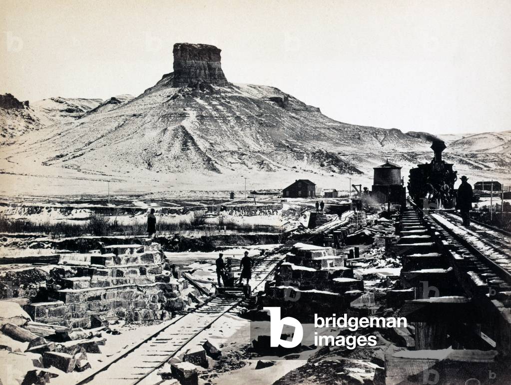 Citadel rock, Green River Valley, the construction of a railroad bridge in the Green River Valley, Wyoming, and Citadel Rock, a prominent rock formation rising above the plateau, Montana, photograph by Andrew J. Russell, 1868