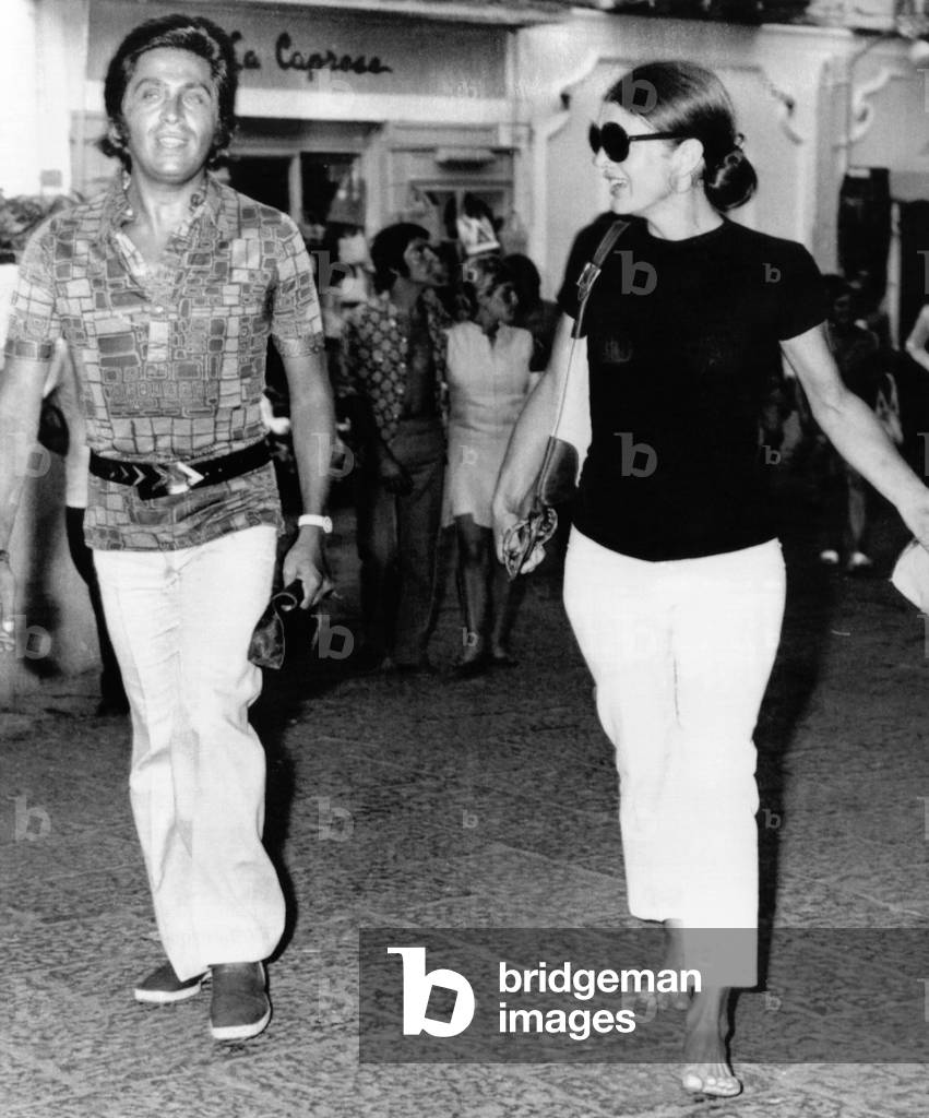Jacqueline Kennedy Onassis and fashion designer Valentino in Capri, Italy. Aug. 24, 1970