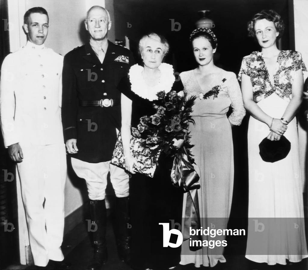 General Patton reunited with his family: George S. Patton III, General George S. Patton Jr., and his wife Beatrice Patton, Ruth Ellen Patton, Beatrice Smith Patton, Boston, Massachusetts, 1945