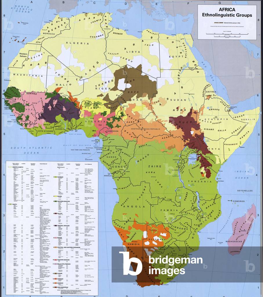 Map showing ethnology and linguistic groups of Africa that conflict with national boundaries, based: Map showing ethnology and linguistic groups of Africa that conflict with national boundaries, based on European colonization. The conflict contributes to the instability of modern African nations.