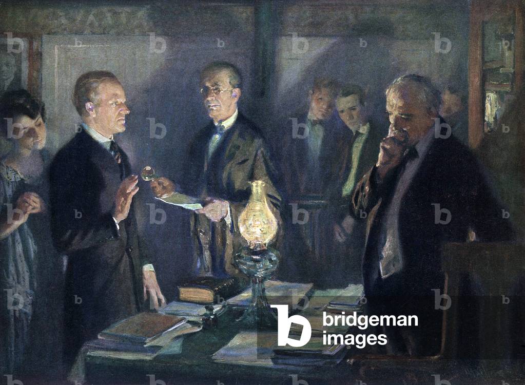 Calvin Coolidge taking the oath of office on August 3, 1923, administered Vermont justice of the peace in his family's home in Plymouth, Vermont after President Harding's sudden death