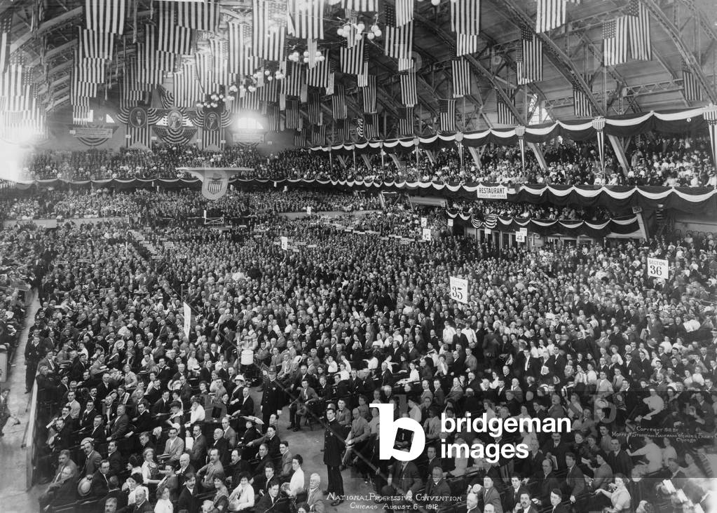 1912 National Progressive Convention nominated ex-President Theodore Roosevelt, whose third party candidacy split the Republican vote resulting in the election of Democratic Woodrow Wilson. Broad view of convention delegates in Chicago. 1912