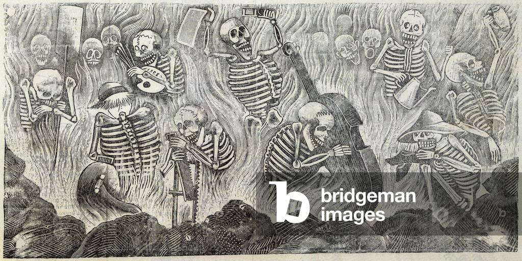 Detail of Hell, showing artists and artisans holding objects related to their professions, original title: 'El Purgatorio artistico, en el que yacen las calaveras de los artistas y artesanos' / The artistic purgatory, where the skulls of artists and craftsmen lie, Antonio Vanegas Arroyo, Mexico City, Mexico, 1890-1909