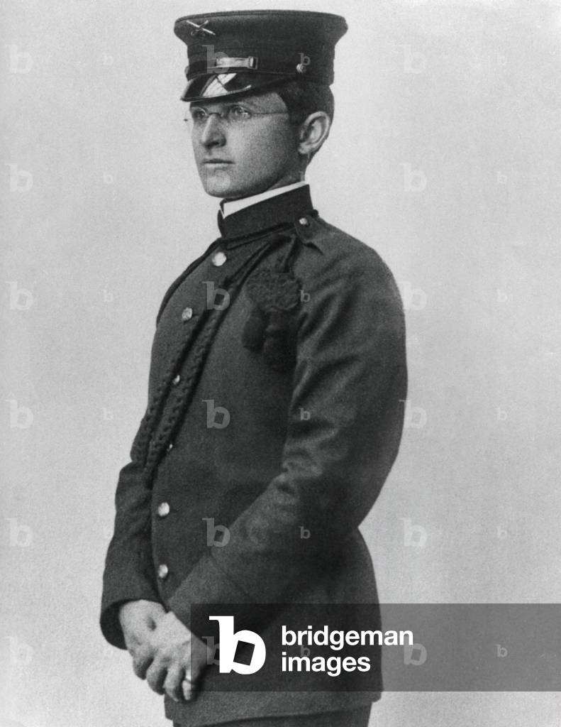 Harry Truman wearing his Missouri National Guard uniform, c. 1905. He failed the military physicals for West Point and Annapolis because of his poor eyesight. Before his National Guard physical, he memorized the eye chart.