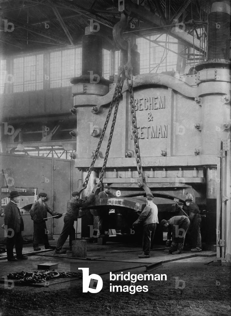 Krupp's Essen, Germany, steelworks' 10,000 ton bending press. The Krupp had a near monopoly in heavy arms manufacture in Germany. c. 1910