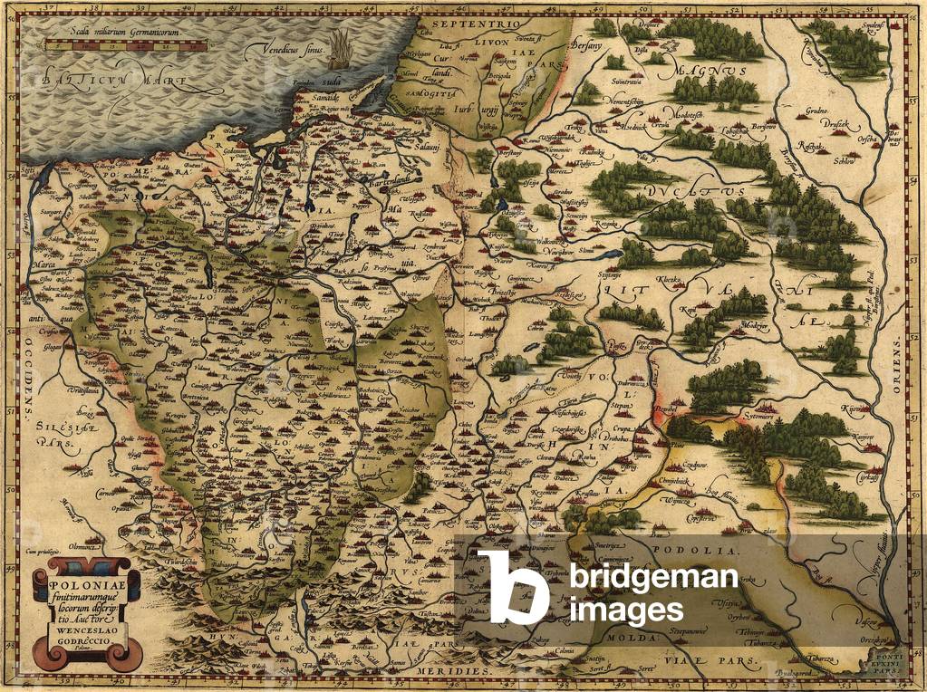 1570 map of Poland. Poland's political boundaries have changed dramatically over time. This map shows a small, landlocked Poland. From Abraham Ortelius' altas, 