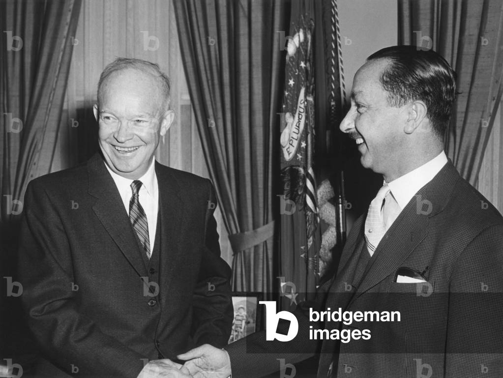 President Eisenhower with Crown Prince Abdul Ilah of Iraq. In Oval Office, Feb. 5, 1957. July 14,1958, a coup d'état led by Colonel Abdul Karim Qassim brought an end to the Iraqi monarchy and assassinated Abdul Ilah and others of the royal family.